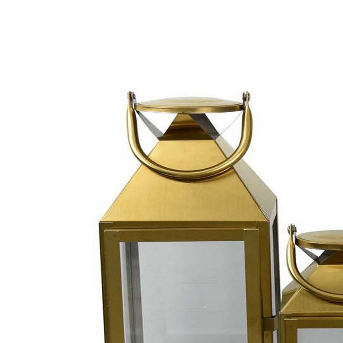 Davi Set of 3 Decorative Lanterns, Curved Handles, Glass Panel, Gold Metal - BM315627