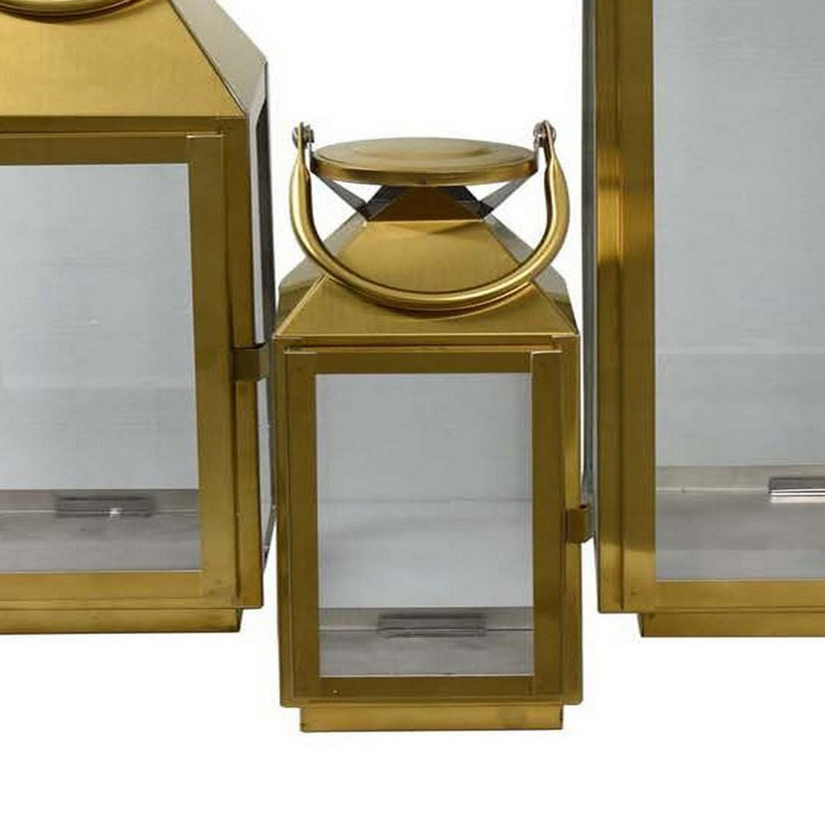 Davi Set of 3 Decorative Lanterns, Curved Handles, Glass Panel, Gold Metal - BM315627