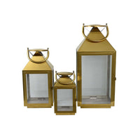 Davi Set of 3 Decorative Lanterns, Curved Handles, Glass Panel, Gold Metal - BM315627