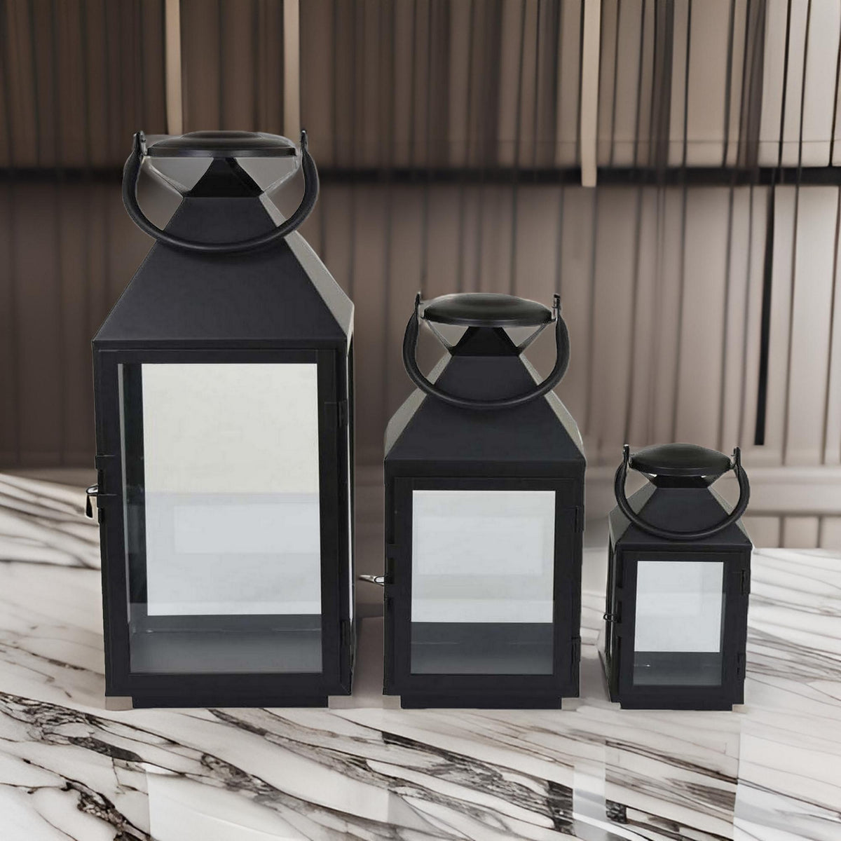 Davi Set of 3 Decorative Lanterns, Curved Handles, Glass Panel, Black Metal - BM315628