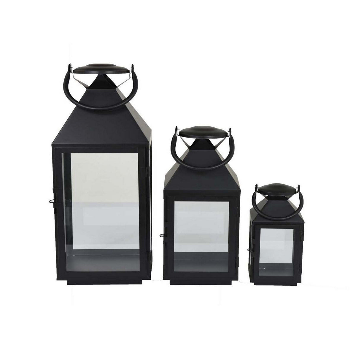 Davi Set of 3 Decorative Lanterns, Curved Handles, Glass Panel, Black Metal - BM315628