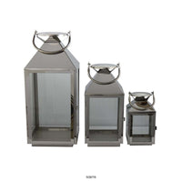 Davi Set of 3 Decorative Lanterns, Curved Handles, Glass Panel Silver Metal - BM315629