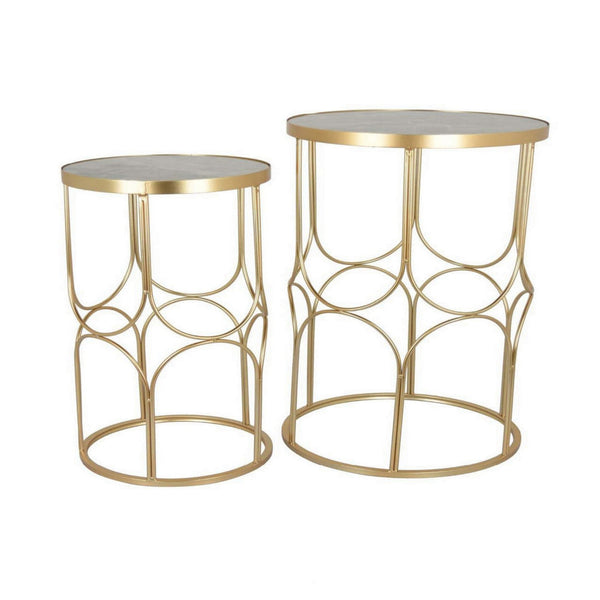 Gimy Set of 2 Plant Stand Table, Round White Gray Marble Top, Gold Base - BM315638