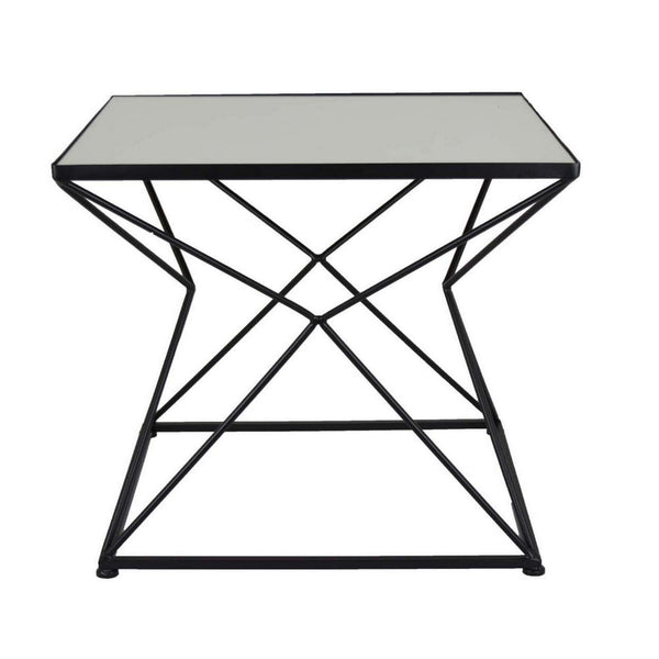 21 Inch Plant Stand Side Table, Mirror Top, Black Geometric Metal Frame - BM315644