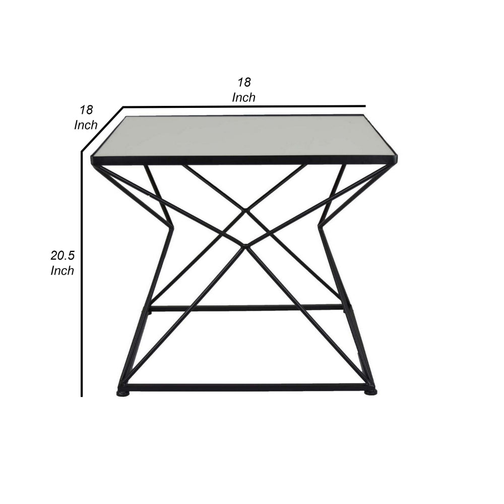 21 Inch Plant Stand Side Table, Mirror Top, Black Geometric Metal Frame - BM315644