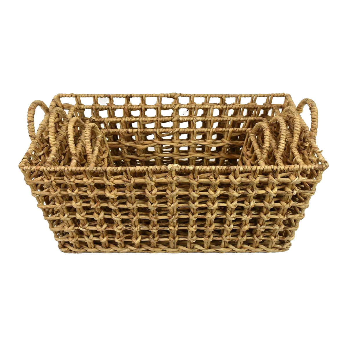 Set of 4 Storage Baskets, Intricately Woven Hyacinth Rope Handles, Brown - BM315651