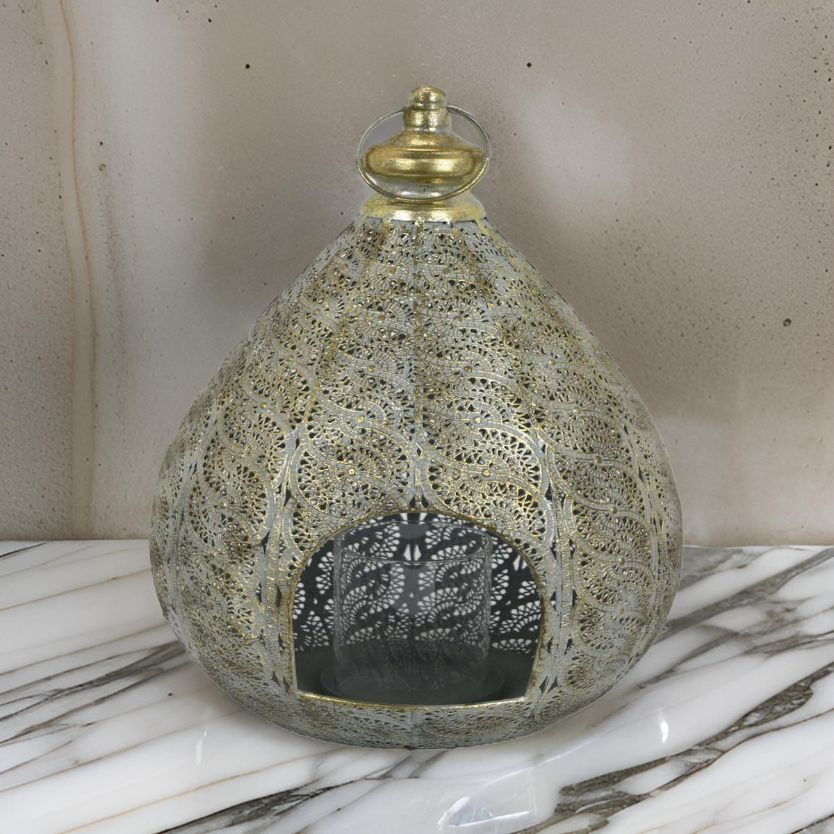 18 Inch Decorative Lantern, Embossed Design, Tear Drop Shape, Gold Metal - BM315654