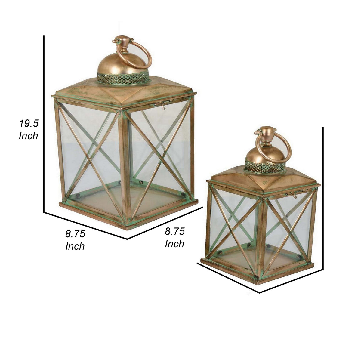 20 Inch Decorative Lantern Set of 2, Glass Panel, Cross Metal Frame, Gold - BM315655