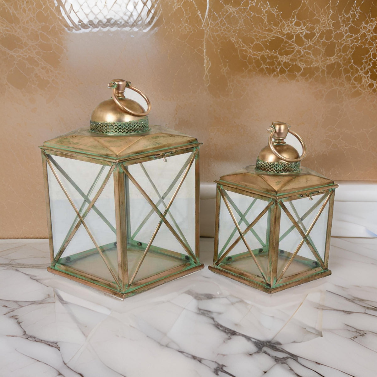 20 Inch Decorative Lantern Set of 2, Glass Panel, Cross Metal Frame, Gold - BM315655