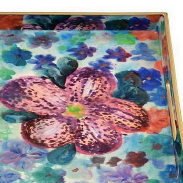 Set of 2 Decorative Trays, Floral Print Design, Cutout Handles, Multicolor - BM315656