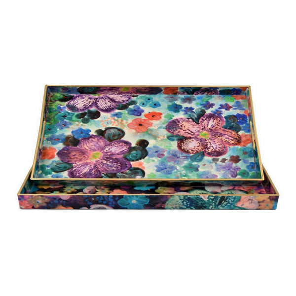 Set of 2 Decorative Trays, Floral Print Design, Cutout Handles, Multicolor - BM315656