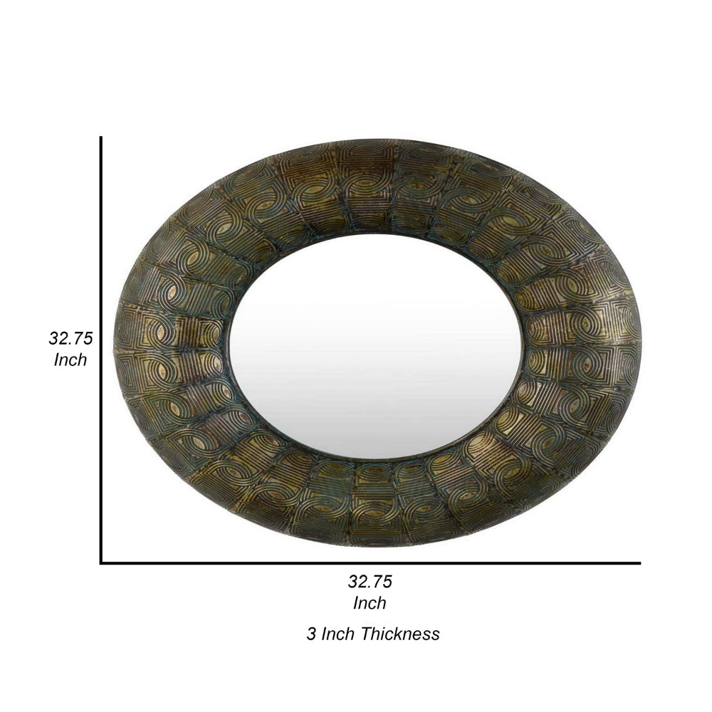 33 Inch Decorative Wall Mirror, Round Embossed Design, Bronze Metal - BM315657