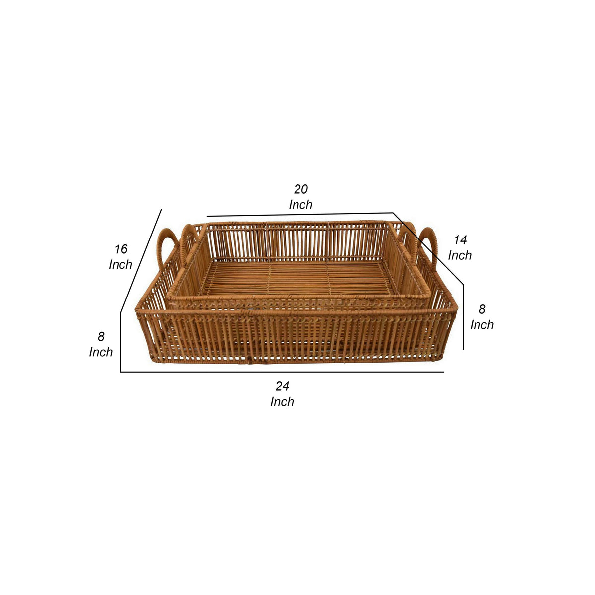 Set of 2 Decorative Trays, Square Frame, Curved Handles, Brown Finish - BM315659