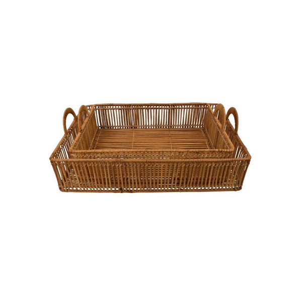 Set of 2 Decorative Trays, Square Frame, Curved Handles, Brown Finish - BM315659