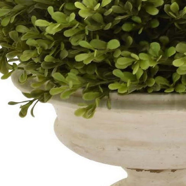 15 Inch Faux Boxwood Topiary Plant in Urn Pedestal Pot, Off White Planter - BM315663