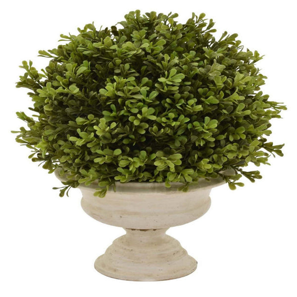 15 Inch Faux Boxwood Topiary Plant in Urn Pedestal Pot, Off White Planter - BM315663