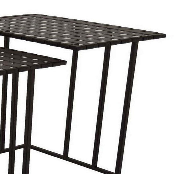 Set of 3 Plant Stand Side Tables, Rectangular Mesh Top, Black Metal Frame - BM315671