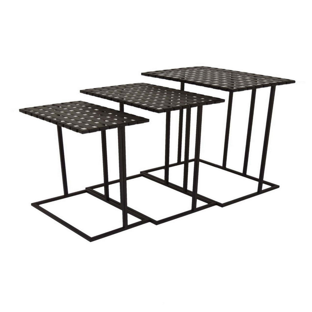 Set of 3 Plant Stand Side Tables, Rectangular Mesh Top, Black Metal Frame - BM315671