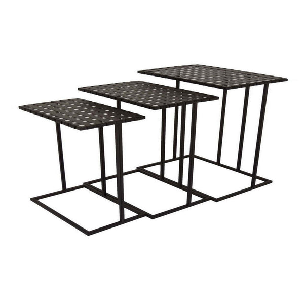 Set of 3 Plant Stand Side Tables, Rectangular Mesh Top, Black Metal Frame - BM315671