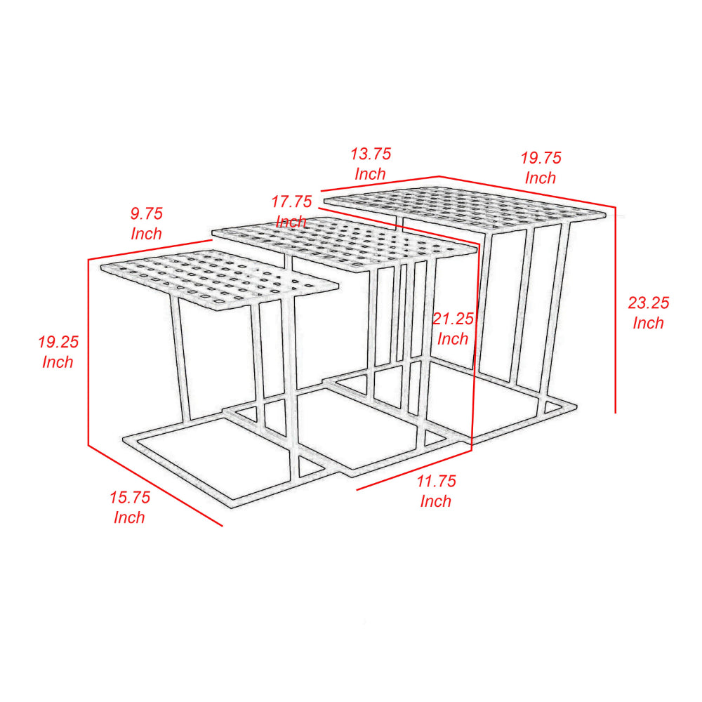 Set of 3 Plant Stand Side Tables, Rectangular Mesh Top, Black Metal Frame - BM315671