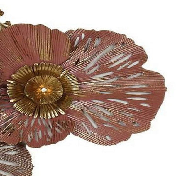 45 Inch Hanging Wall Art Decor, 3D Multiple Flowers, Metal, Brown, Gold - BM315672