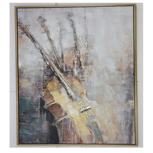 40 x 59 Framed Canvas Oil Painting, Guitar, Natural Fiber, Gray and Brown - BM315674