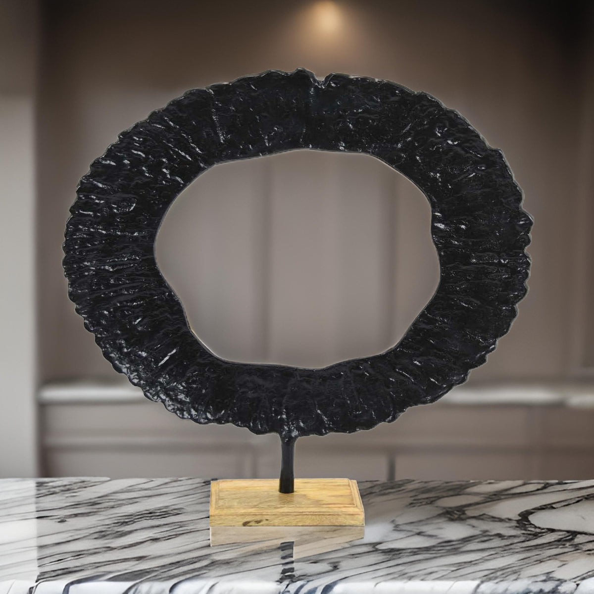 23 Inch Tabletop Decoration, Black Round Circle on Square Wood Base, Black - BM315684