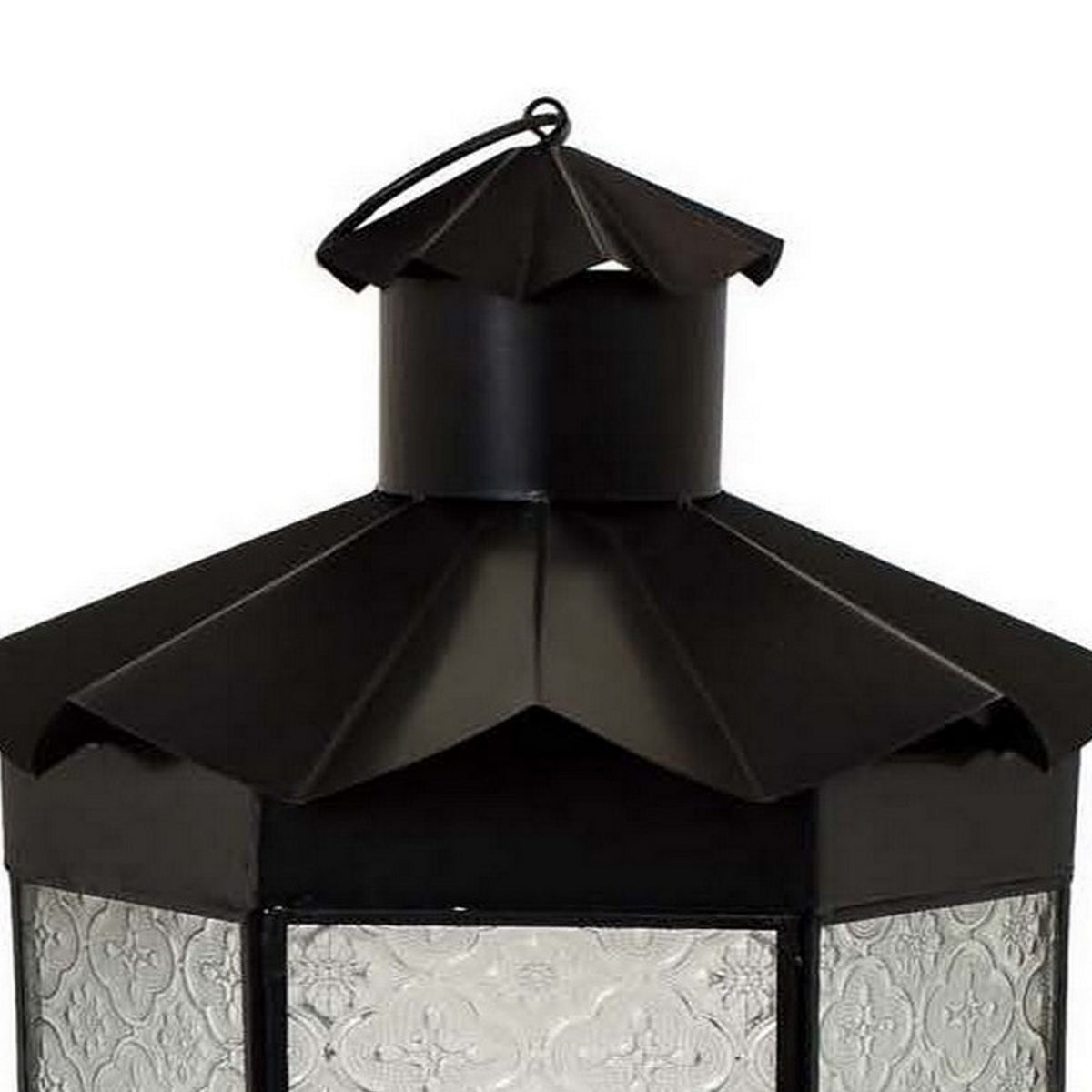 23 Inch Modern Decorative Lantern, Hexagonal Glass Case, Black Metal - BM315691