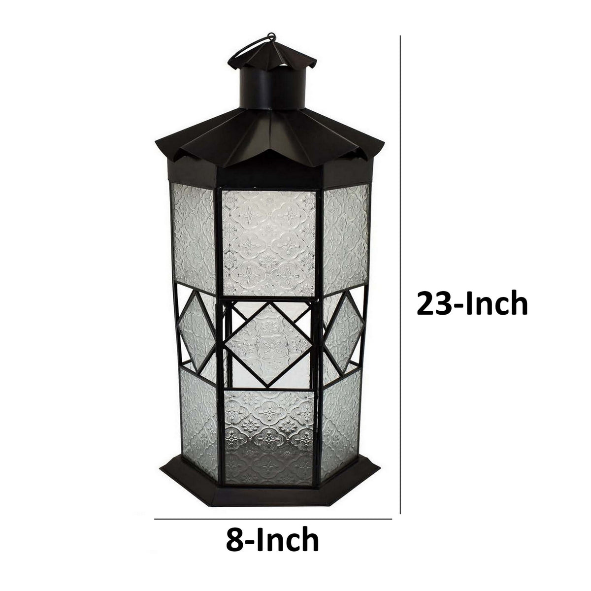 23 Inch Modern Decorative Lantern, Hexagonal Glass Case, Black Metal - BM315691