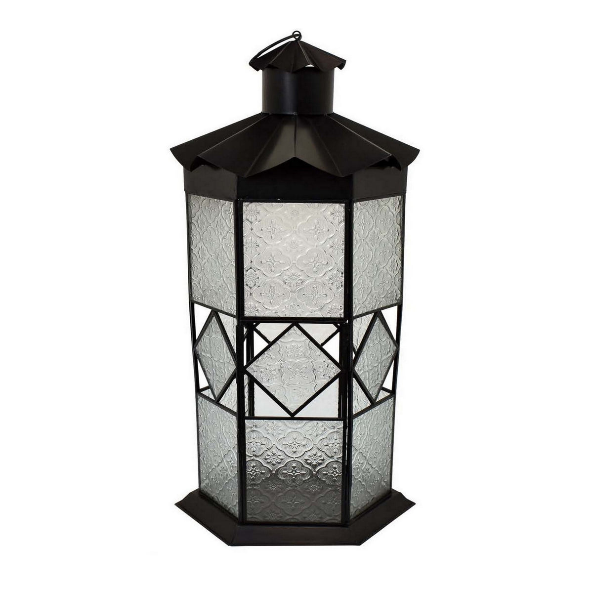 23 Inch Modern Decorative Lantern, Hexagonal Glass Case, Black Metal - BM315691