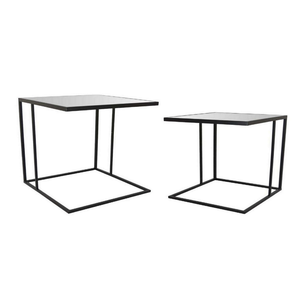 Modern Plant Stand Side Table Set of 2, Square Marble Stackable Black Metal - BM315696