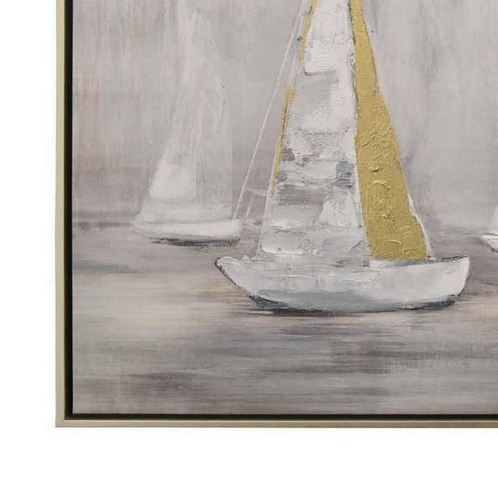 36 X 47 Inch Framed Wall Art, Floating Boat Canvas Oil Painting, Gold White - BM315697