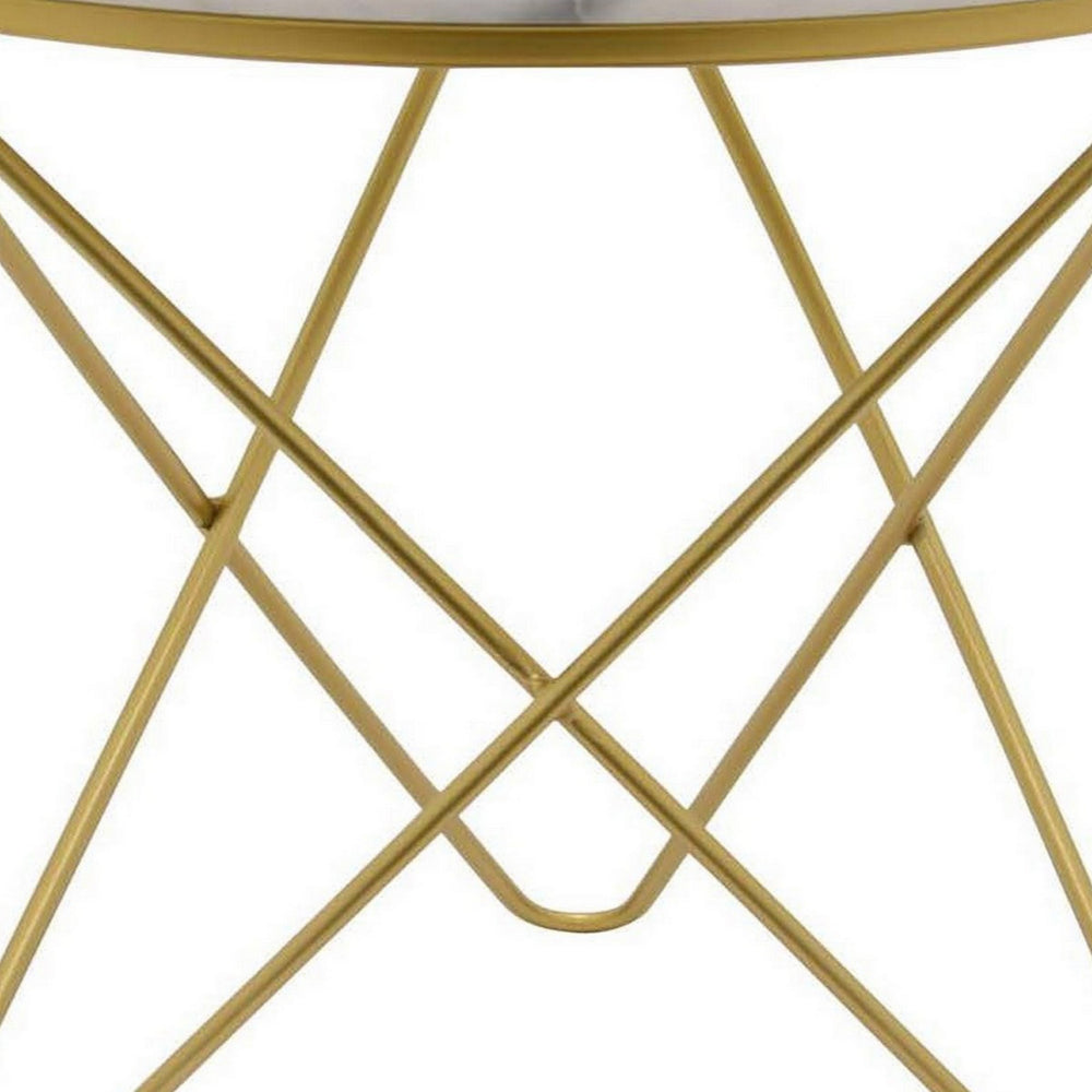 24 Inch Modern Plant Stand Side Table, Round Marble Display, Gold Metal - BM315703