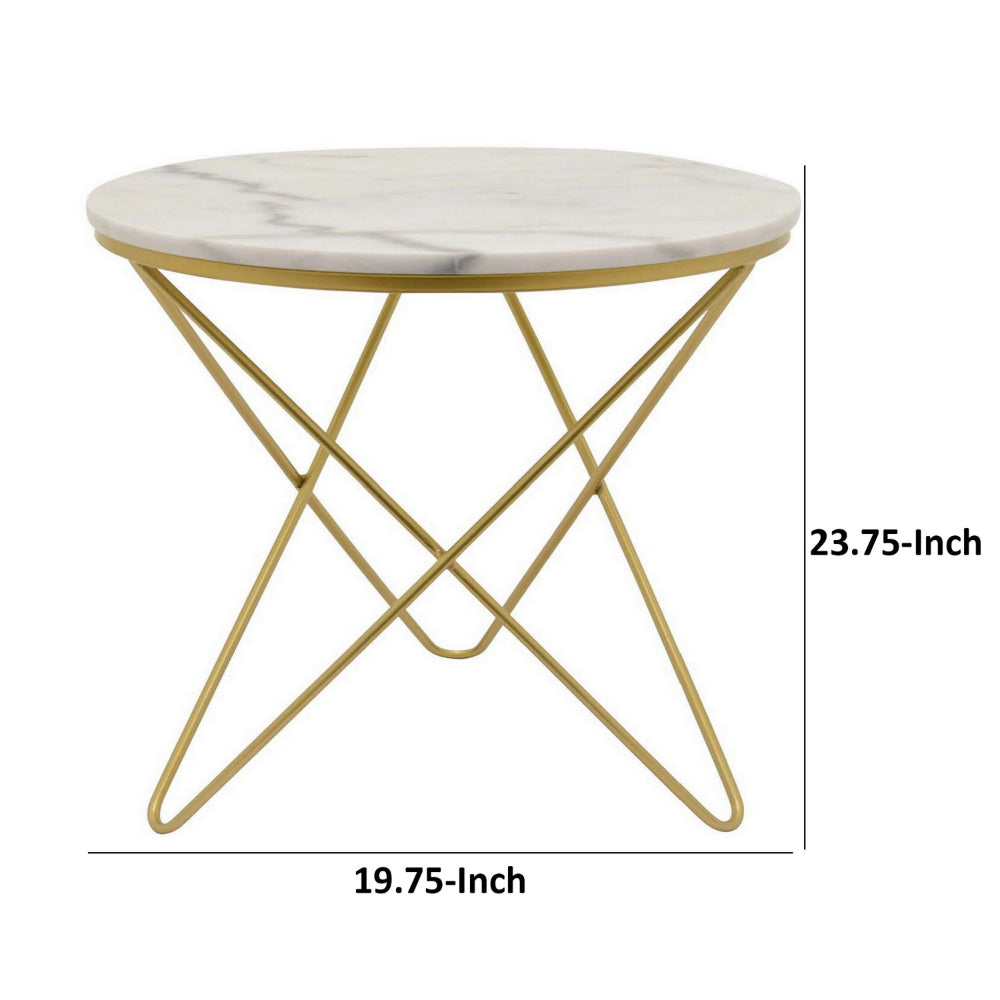 24 Inch Modern Plant Stand Side Table, Round Marble Display, Gold Metal - BM315703