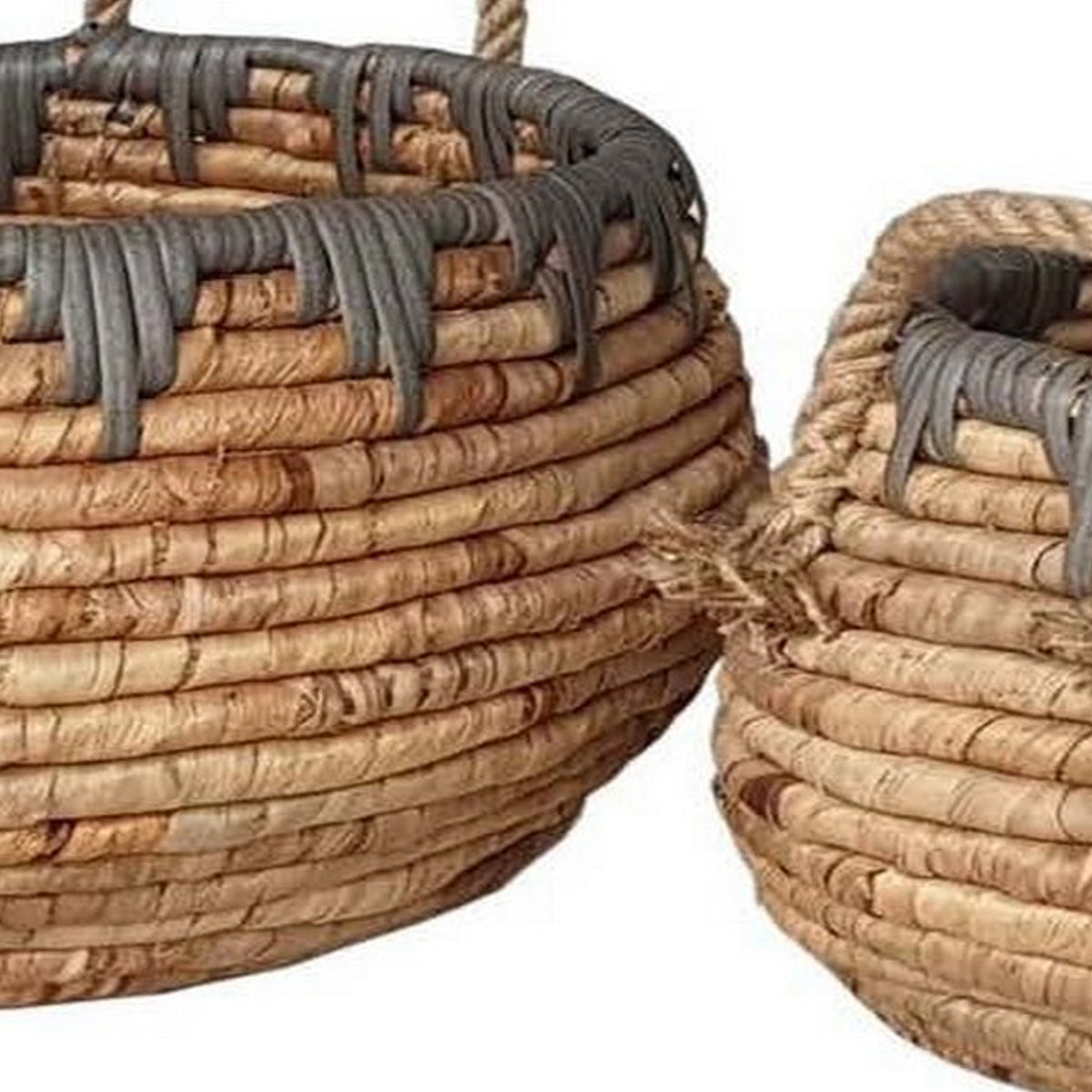 Decorative Storage Basket Set of 2, Handwoven Water Hyacinth Fiber, Brown - BM315707