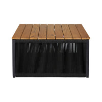 Miri 30 Inch Outdoor Coffee Table, Teak Wood Slatted Top, Black Rope - BM315709