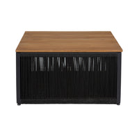 Miri 30 Inch Outdoor Coffee Table, Teak Wood Slatted Top, Black Rope - BM315709