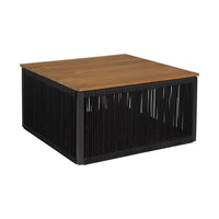 Miri 30 Inch Outdoor Coffee Table, Teak Wood Slatted Top, Black Rope - BM315709