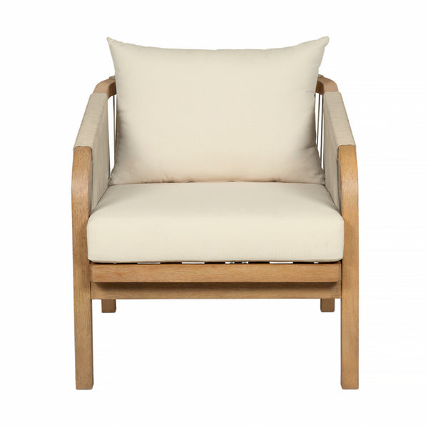 Ann 32 Inch Outdoor Accent Chair, Brown Eucalyptus, Rope, Ivory Olefin - BM315711