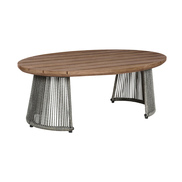 Jax 47 Inch Outdoor Coffee Table, Oval Slatted Top, Gray Rope Braiding - BM315715