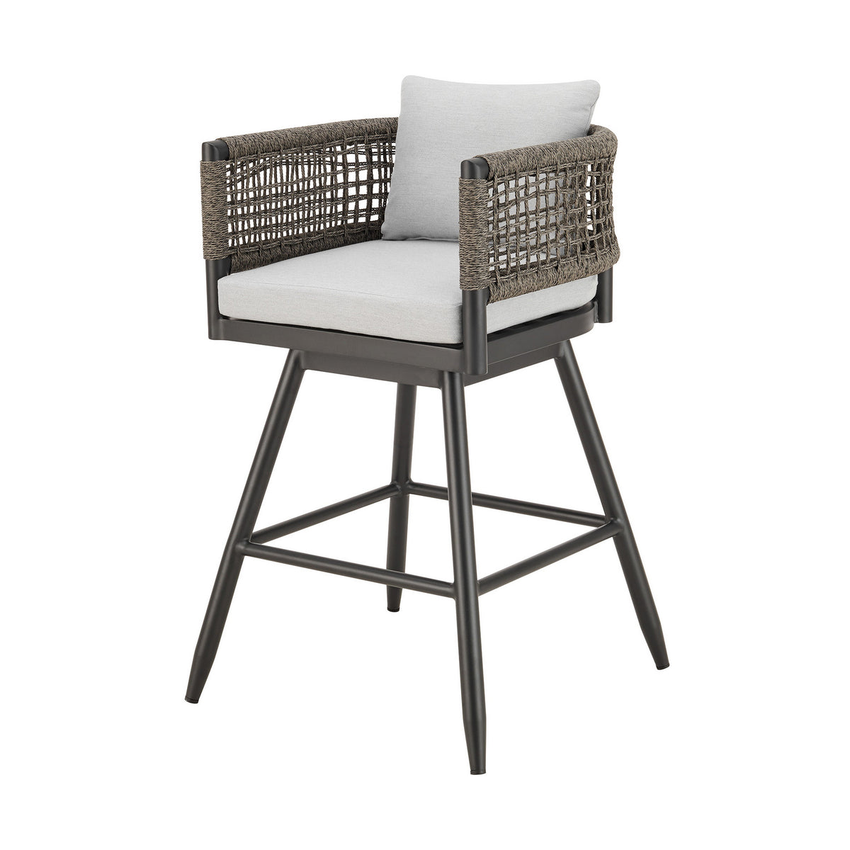 Piper 26 Inch Outdoor Swivel Counter Stool Chair, Rope Woven, Gray Cushions - BM315716