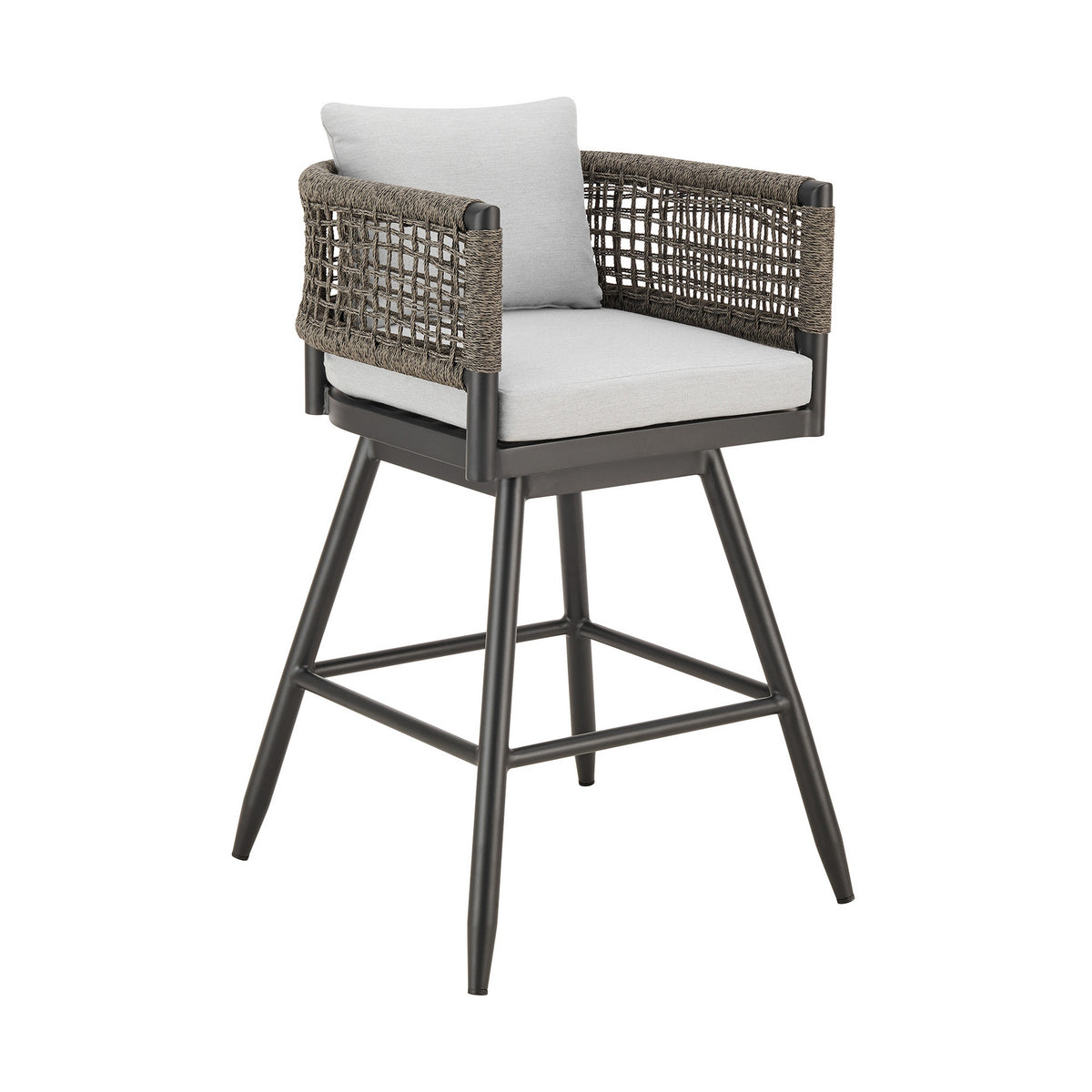 Piper 26 Inch Outdoor Swivel Counter Stool Chair, Rope Woven, Gray Cushions - BM315716