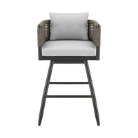 Piper 30 Inch Outdoor Swivel Barstool Chair, Rope Woven, Gray Cushions - BM315717