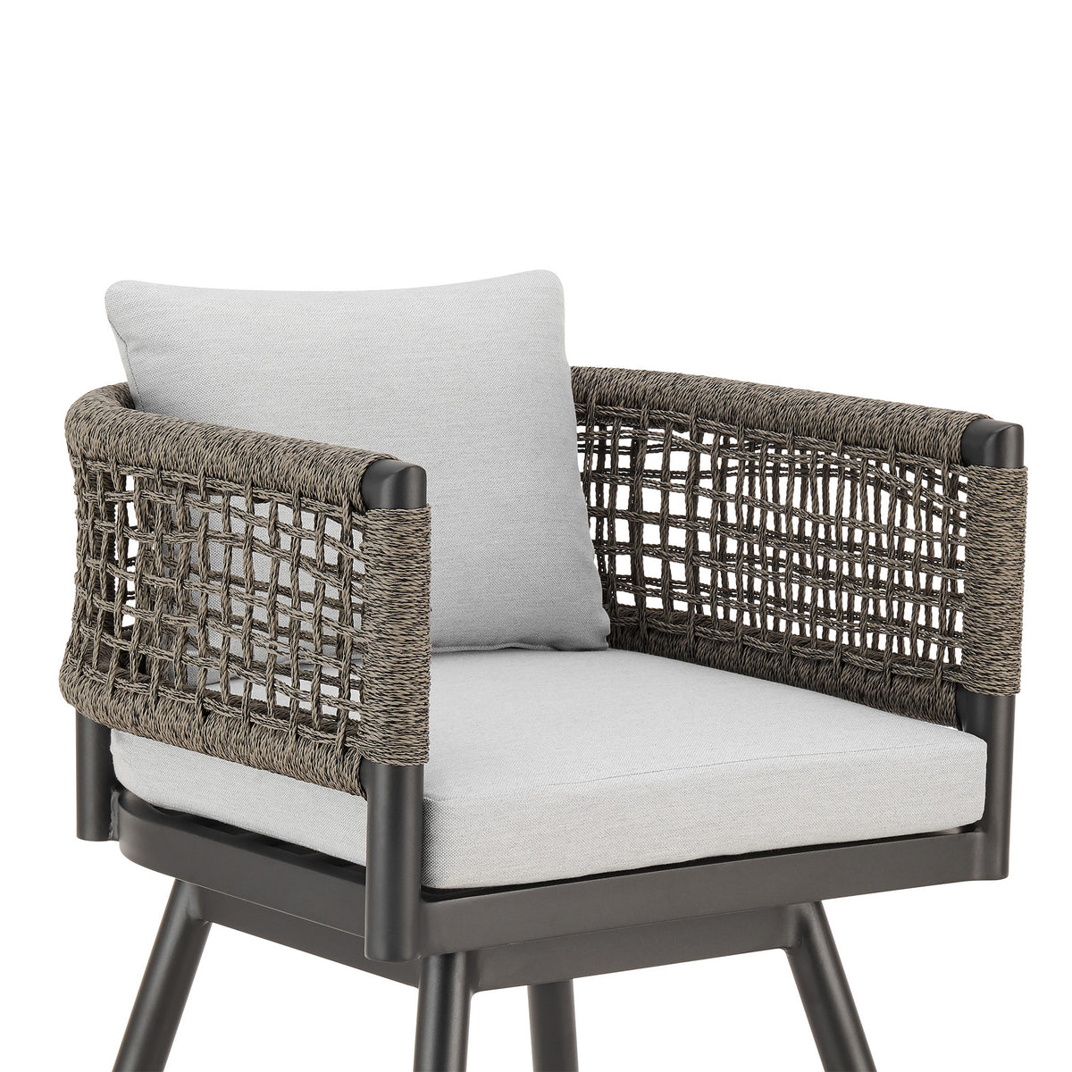 Piper 30 Inch Outdoor Swivel Barstool Chair, Rope Woven, Gray Cushions - BM315717