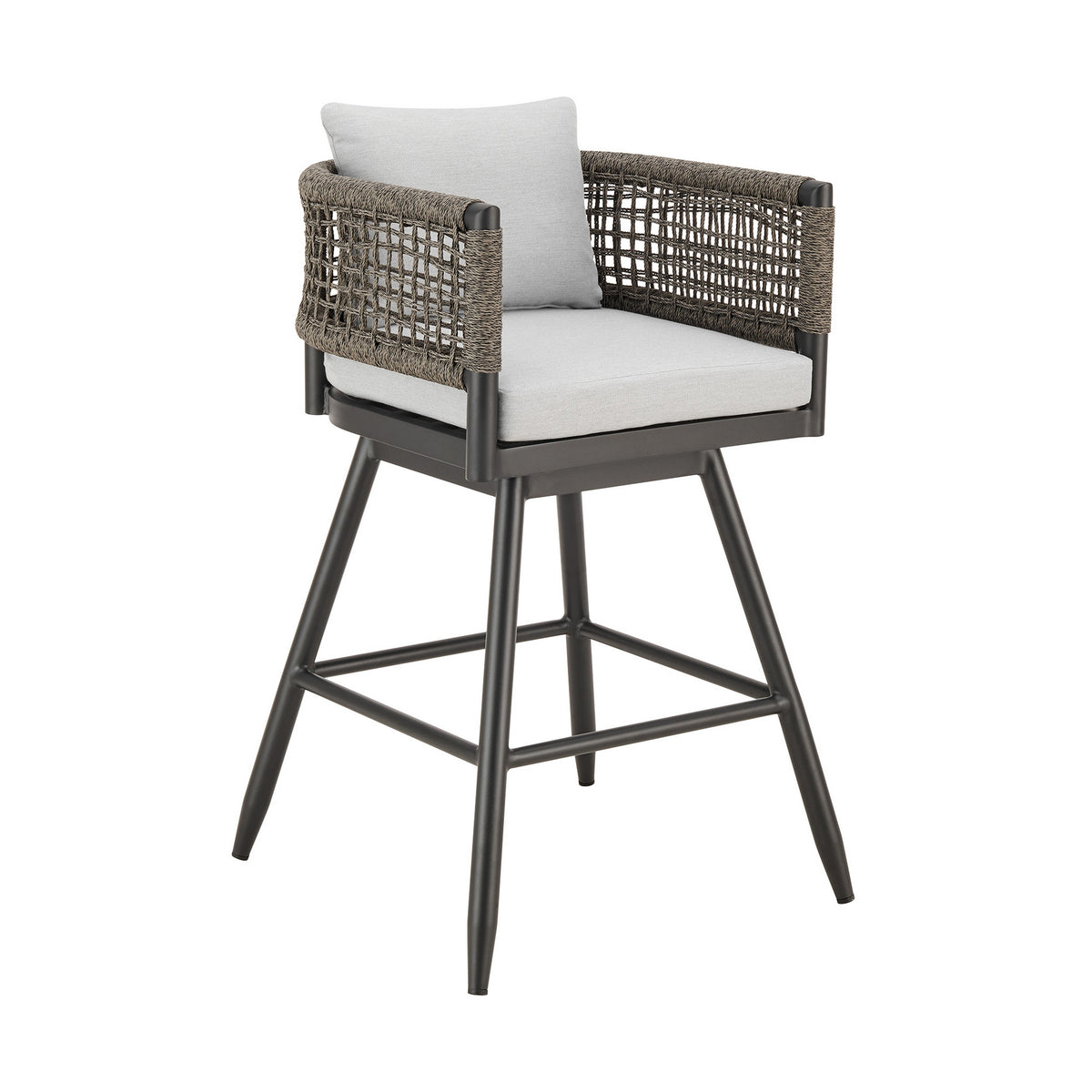 Piper 30 Inch Outdoor Swivel Barstool Chair, Rope Woven, Gray Cushions - BM315717