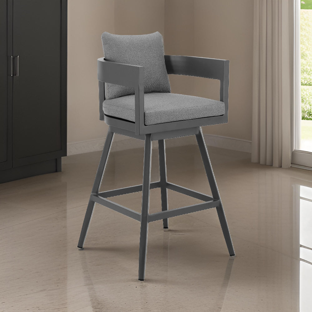 Enya 26 Inch Outdoor Swivel Counter Stool Chair, Gray Aluminum, Cushions - BM315718