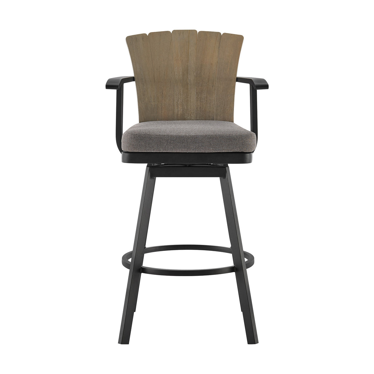 Luna 26 Inch Outdoor Swivel Counter Stool Chair, Rustic Teak Wood, Black - BM315720