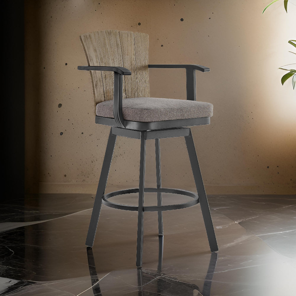 Luna 26 Inch Outdoor Swivel Counter Stool Chair, Rustic Teak Wood, Black - BM315720