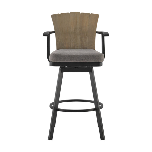 Luna 30 Inch Outdoor Swivel Barstool Chair, Rustic Teak Wood, Black - BM315721