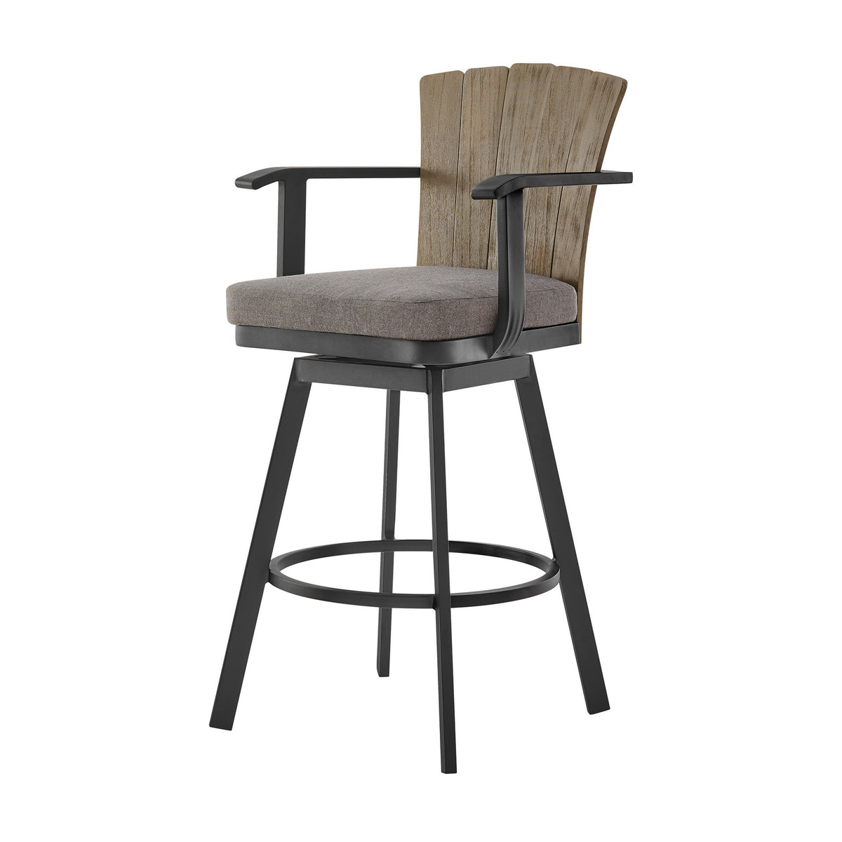 Luna 30 Inch Outdoor Swivel Barstool Chair, Rustic Teak Wood, Black - BM315721